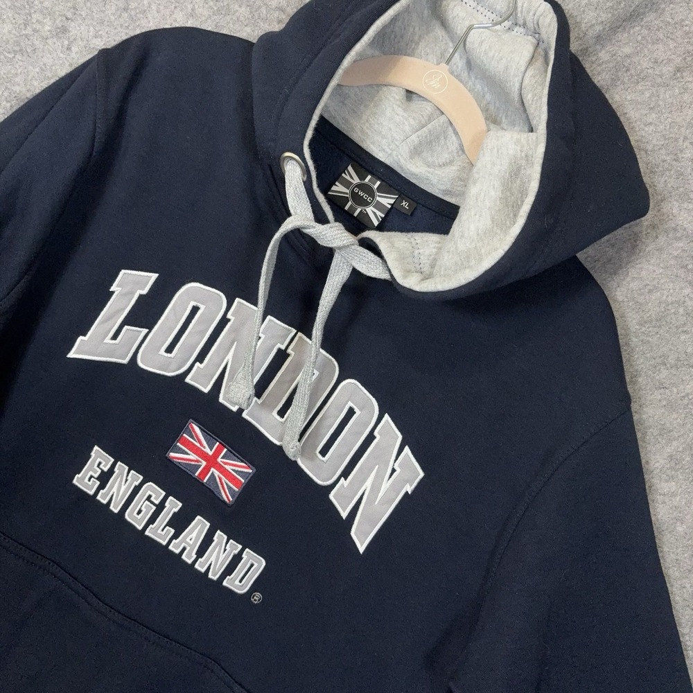 GWCC London England Hoodie Mens XL Blue Pullover Embroidered Applique Union Jack